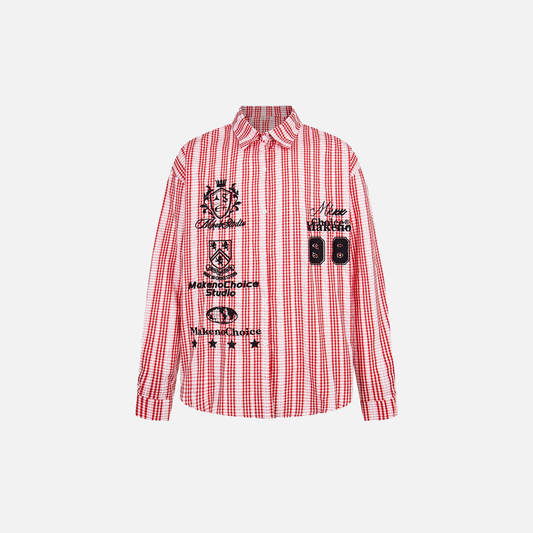 Vintage Vibe Badge Embroidered Plaid Long Sleeve Shirt - Luxuryurbanwear