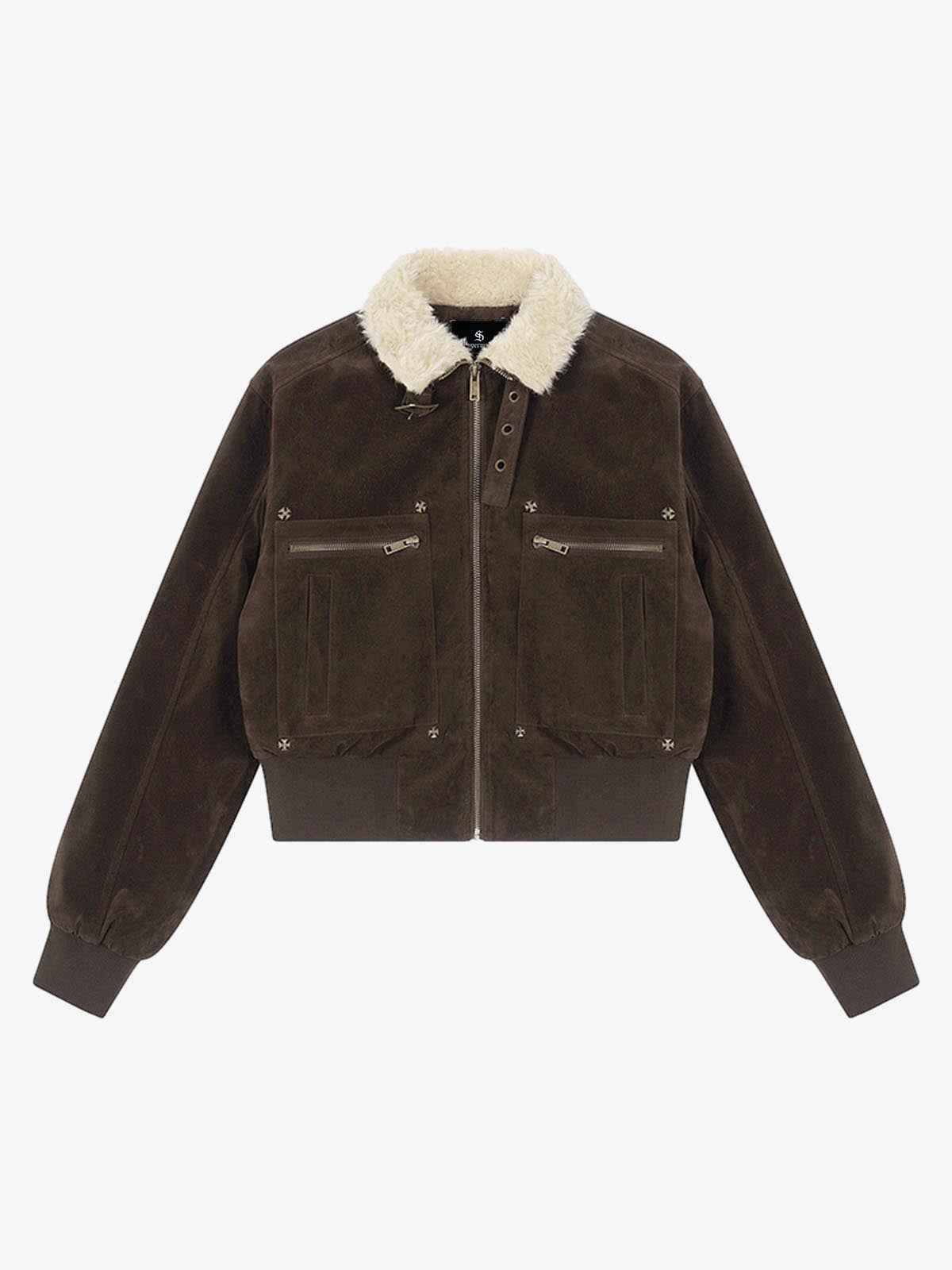 Utility Faux Shearling Collar Suede Look Zip Up Jacket