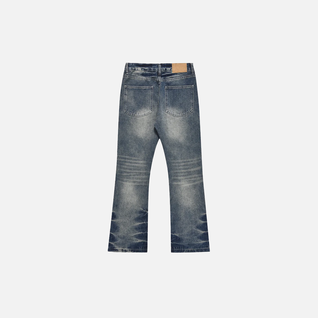 Vintage Distressed Blue Denim Flared Jeans - Luxuryurbanwear