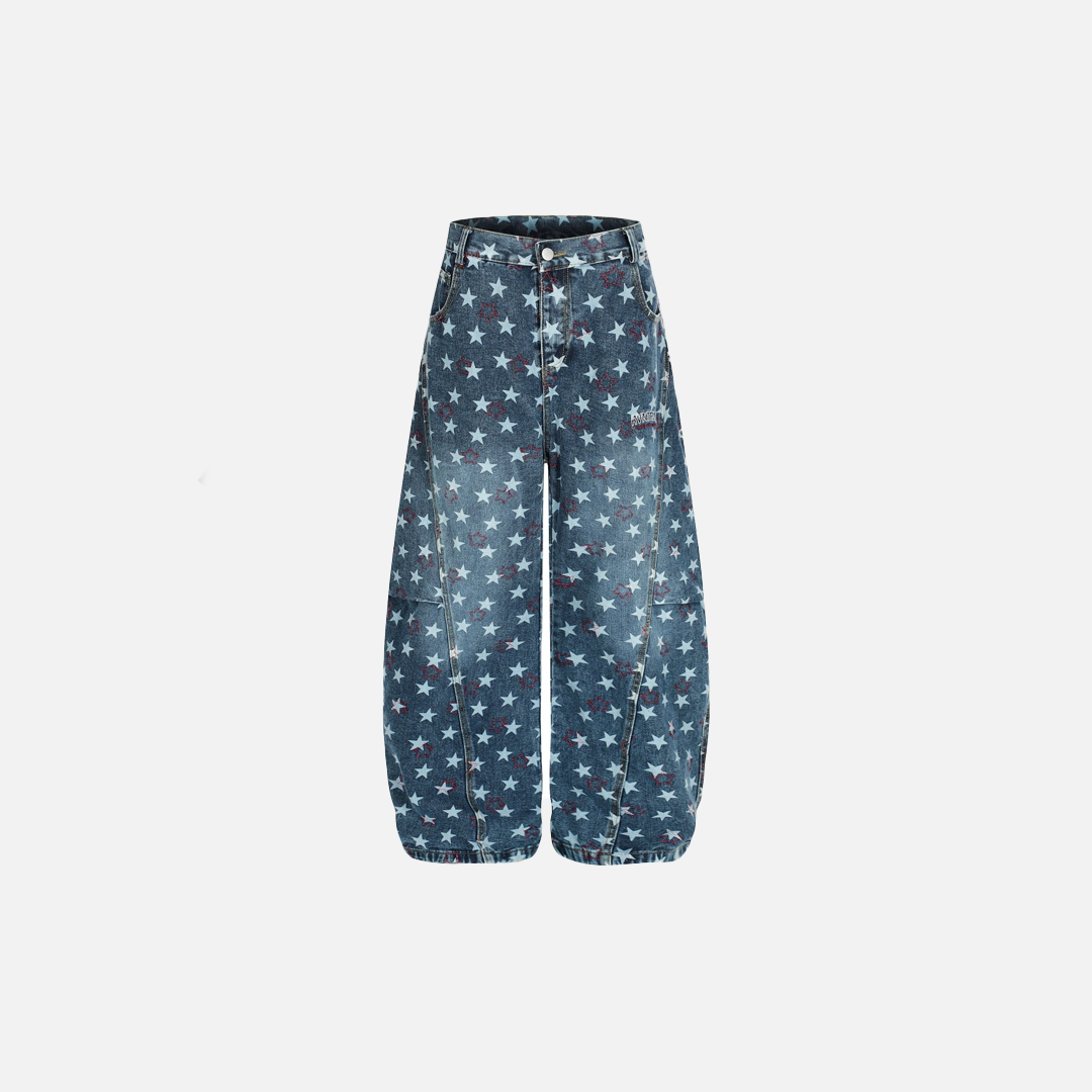 Men Y2K Streetwear Star Print Wide Leg Jeans - Luxuryurbanwear