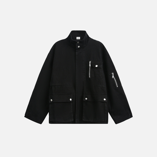 Spring Multi-Pocket Washed Workwear Denim Jacket - Luxuryurbanwear