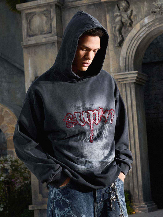Rhinestone Letter Airbrush Graphic Pullover Hoodie