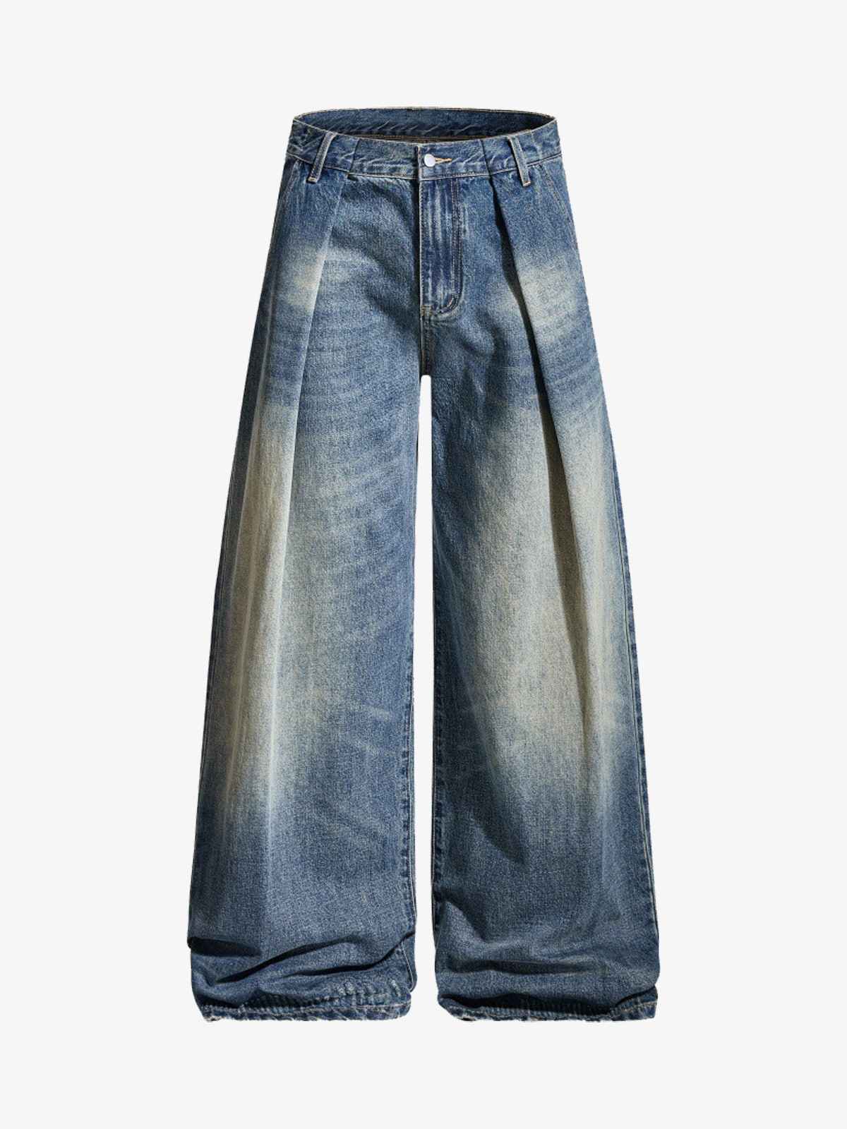 Vintage Washed Pleated Wide-Leg Jeans