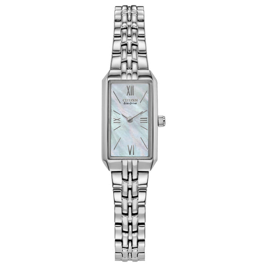 Citizen Ladies Eco-Drive Classic Dress Corso Stainless Steel Rectangle Watch with Mother-of-Pearl Dial 2-Hand Jewelry Clasp