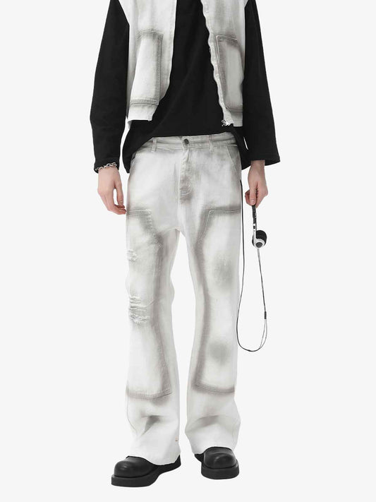 Spray Wash Distressed Straight Leg Denim Jeans