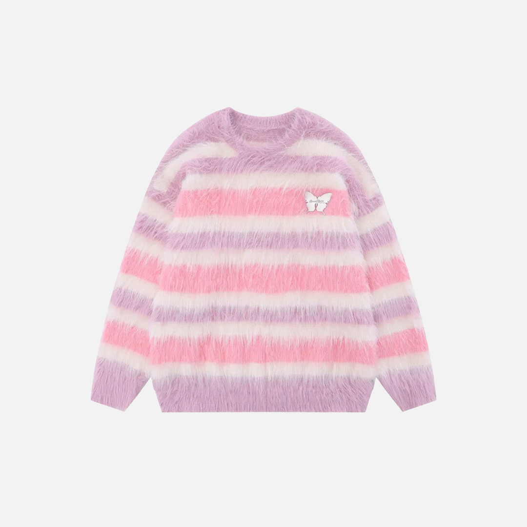 Streetwear Striped Knit Butterfly Pin Sweater - Luxuryurbanwear