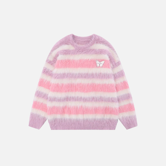 Streetwear Striped Knit Butterfly Pin Sweater - Luxuryurbanwear