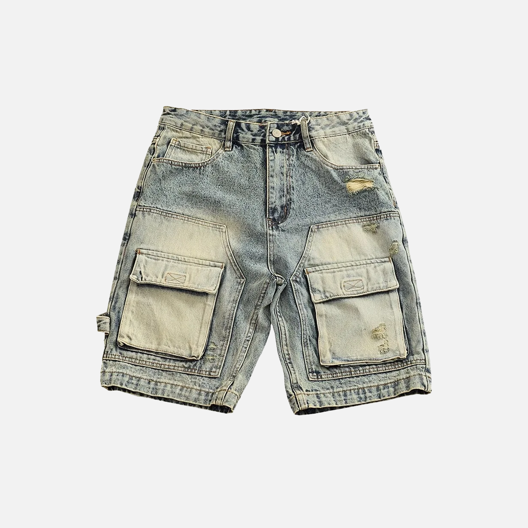 Streetwear Distressed Ripped Denim Cargo Short - Luxuryurbanwear