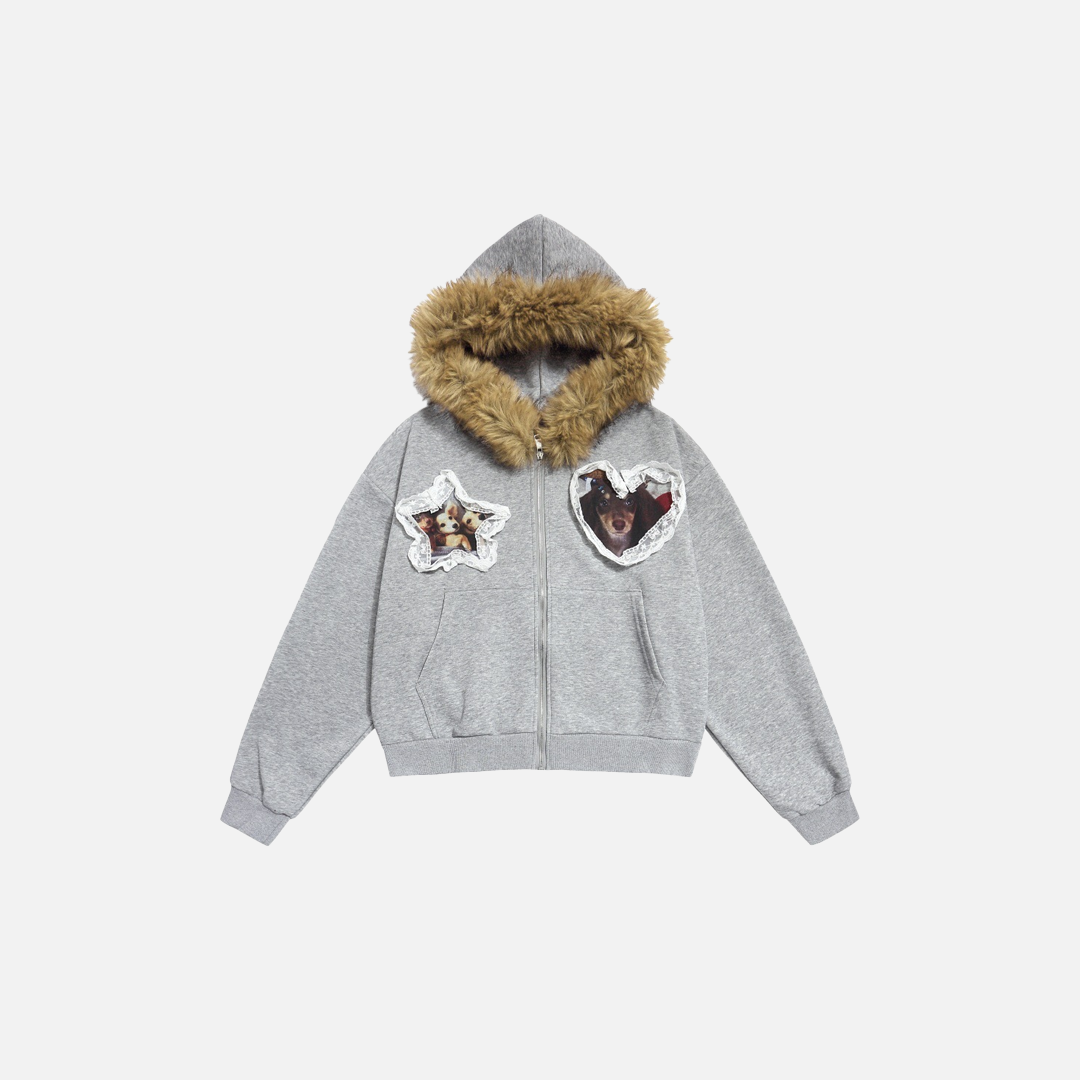 Heart Shaped Zipper Faux Furr Hooded Sweatshirt - Luxuryurbanwear