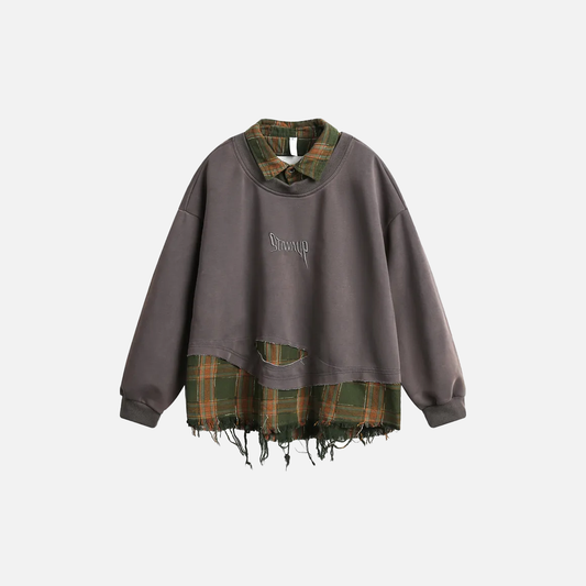 Embroidery Spliced Long Sleeve Ripped Sweatshirt - Luxuryurbanwear