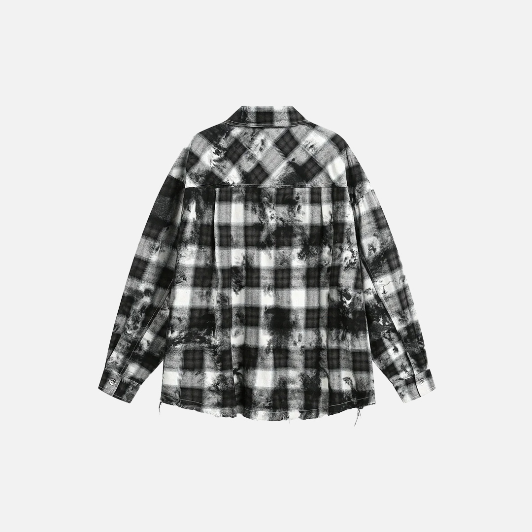 Streetwear Retro Plaid Distressed Tie Dye Long Sleeve Shirt - Luxuryurbanwear