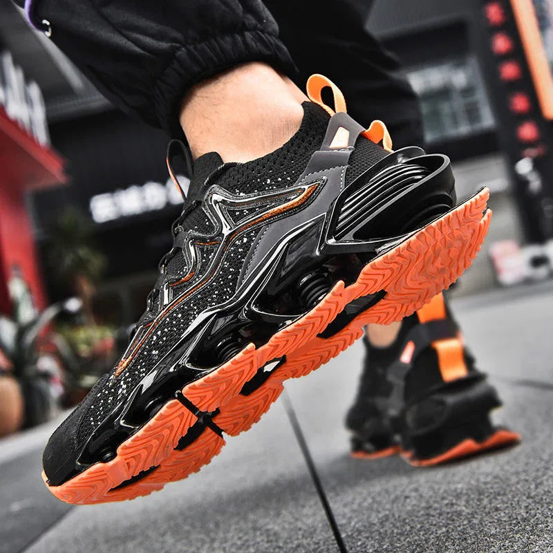 Nova Sole T84 Sneakers - LUXURYURBANWEAR in black with orange sole, featuring mesh upper and futuristic cushioning for urban streetwear style.