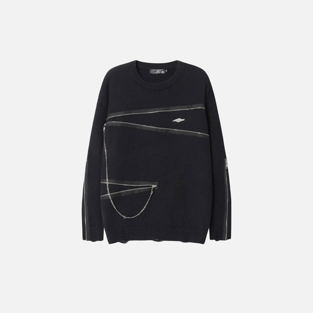 Streetwear Distressed Chain Detail Zipper Knit Sweater - Luxuryurbanwear