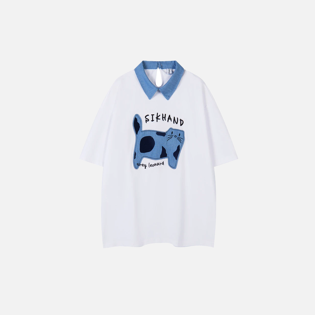 Embroidery Turn Down Collar Patch Cat Hip Hop T-Shirt - Luxuryurbanwear