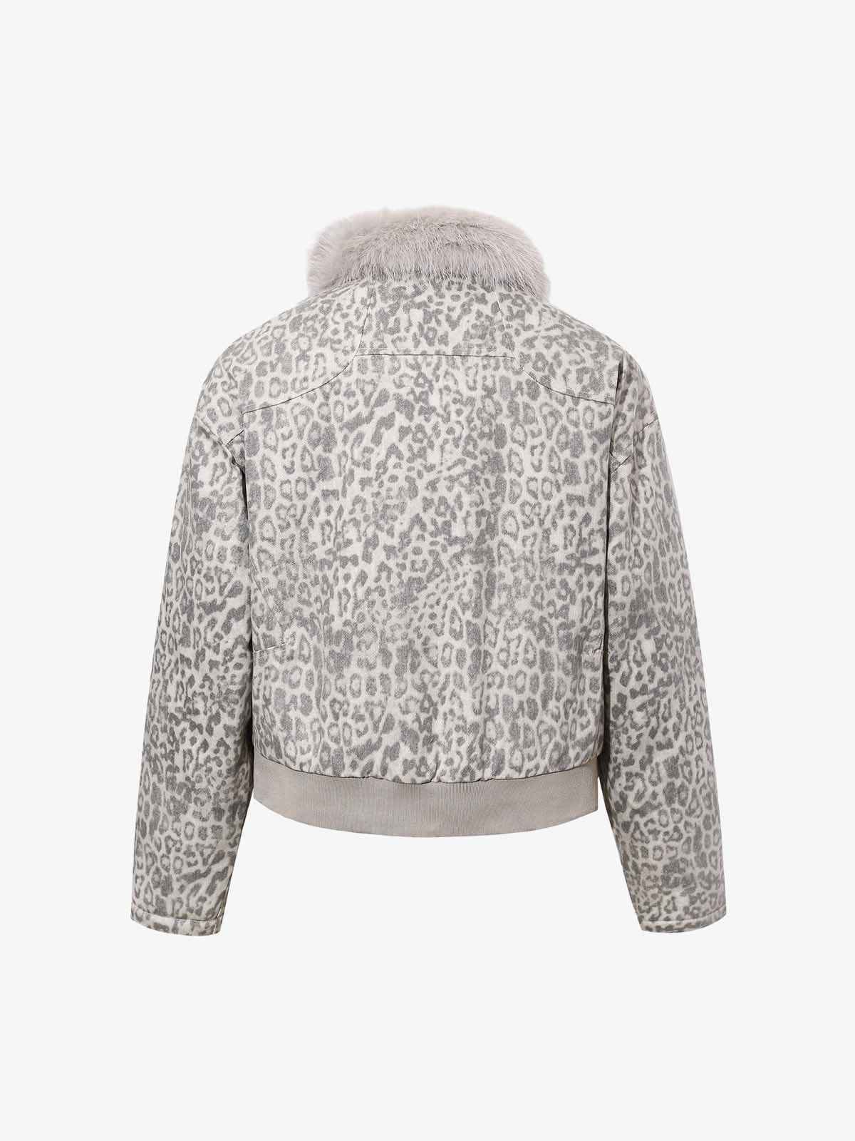 Vintage Leopard Fleece Faux Fur Collar Panel Trim Padded Jacket
