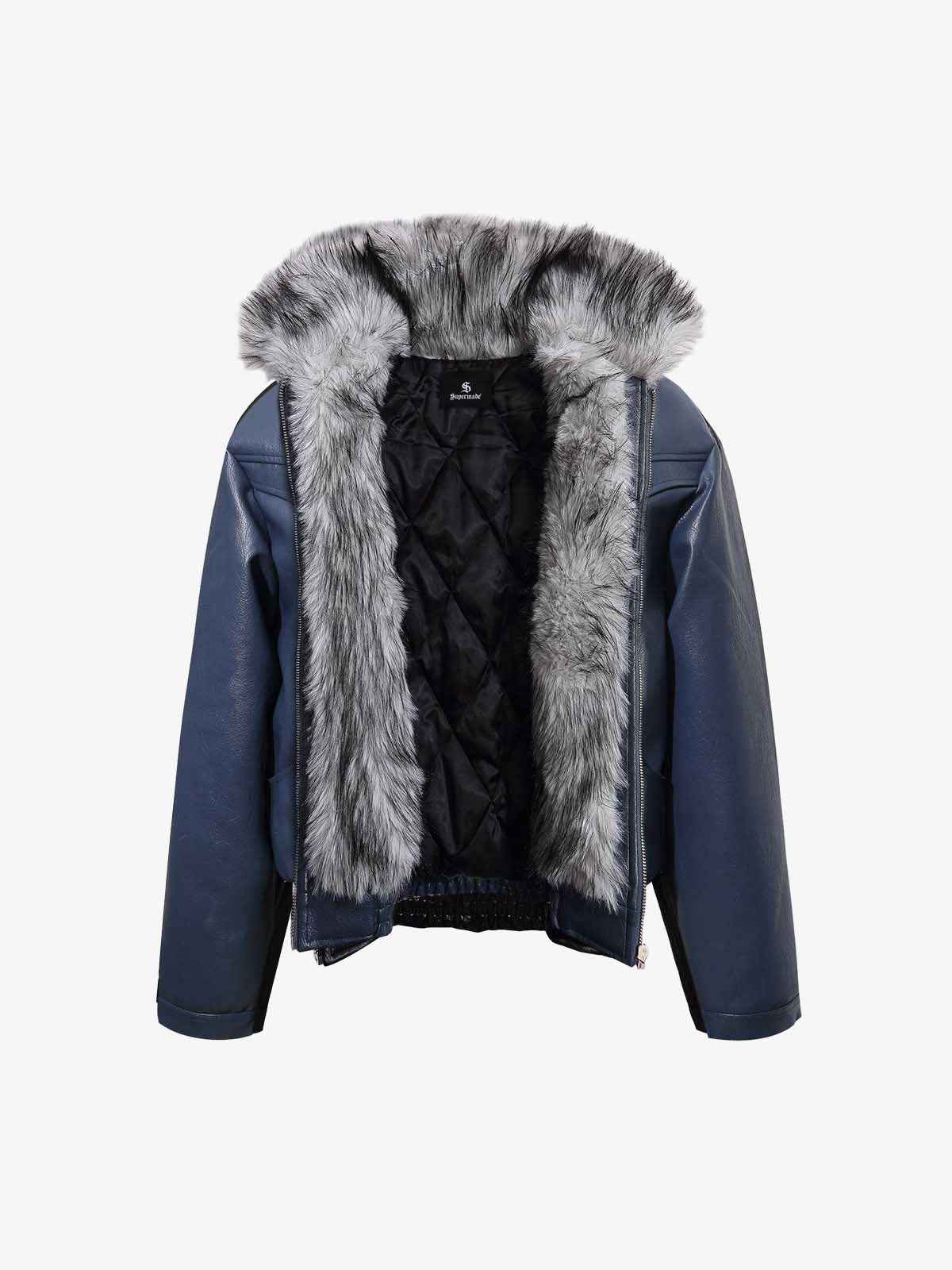 Street Fur-Trim Collar Leather Bomber Jacket