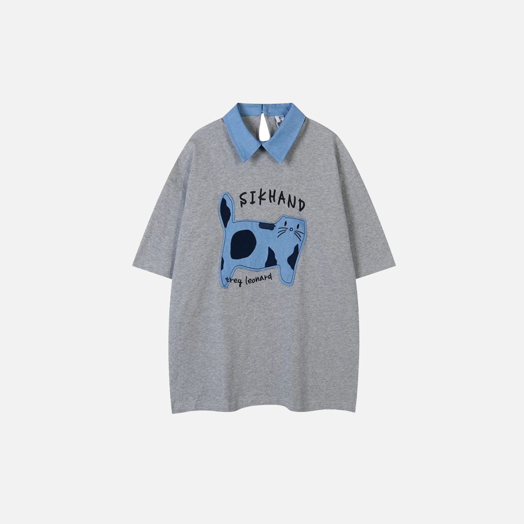 Embroidery Turn Down Collar Patch Cat Hip Hop T-Shirt - Luxuryurbanwear