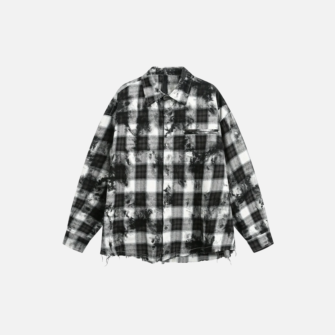 Streetwear Retro Plaid Distressed Tie Dye Long Sleeve Shirt - Luxuryurbanwear