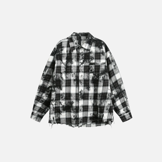 Streetwear Retro Plaid Distressed Tie Dye Long Sleeve Shirt - Luxuryurbanwear