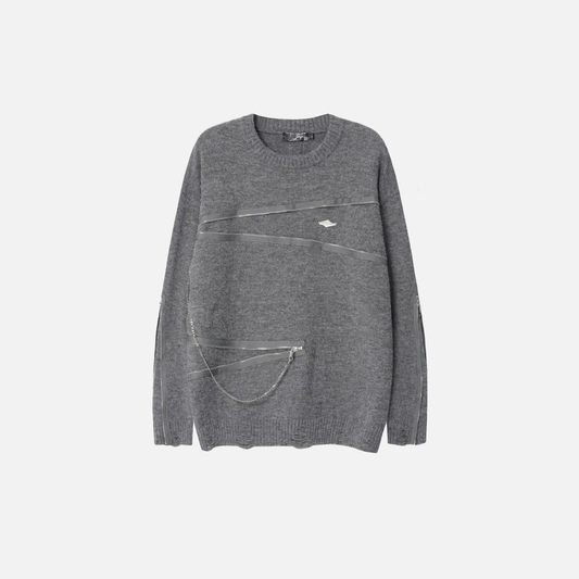 Streetwear Distressed Chain Detail Zipper Knit Sweater - Luxuryurbanwear