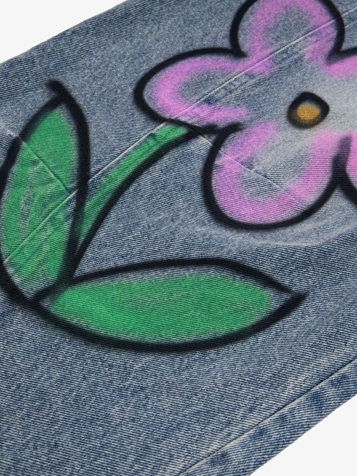 Fun Pattern Hand-Painted Print Denim Washed Jeans - Luxuryurbanwear