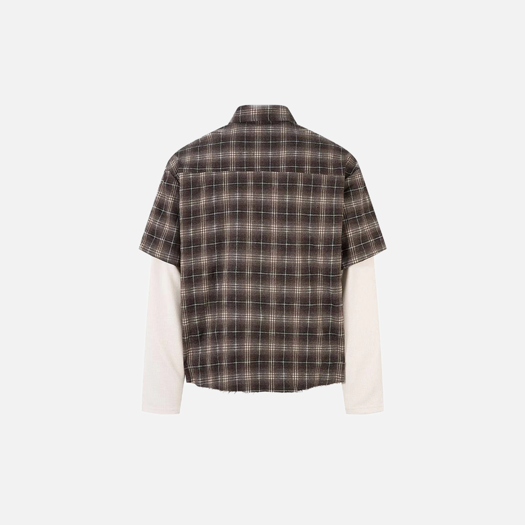 Plaid Loose Long Sleeve Fake Two Piece Button-Up Shirt - Luxuryurbanwear