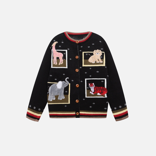 Embroidered Funny Cartoon Round Neck Cardigan - Luxuryurbanwear