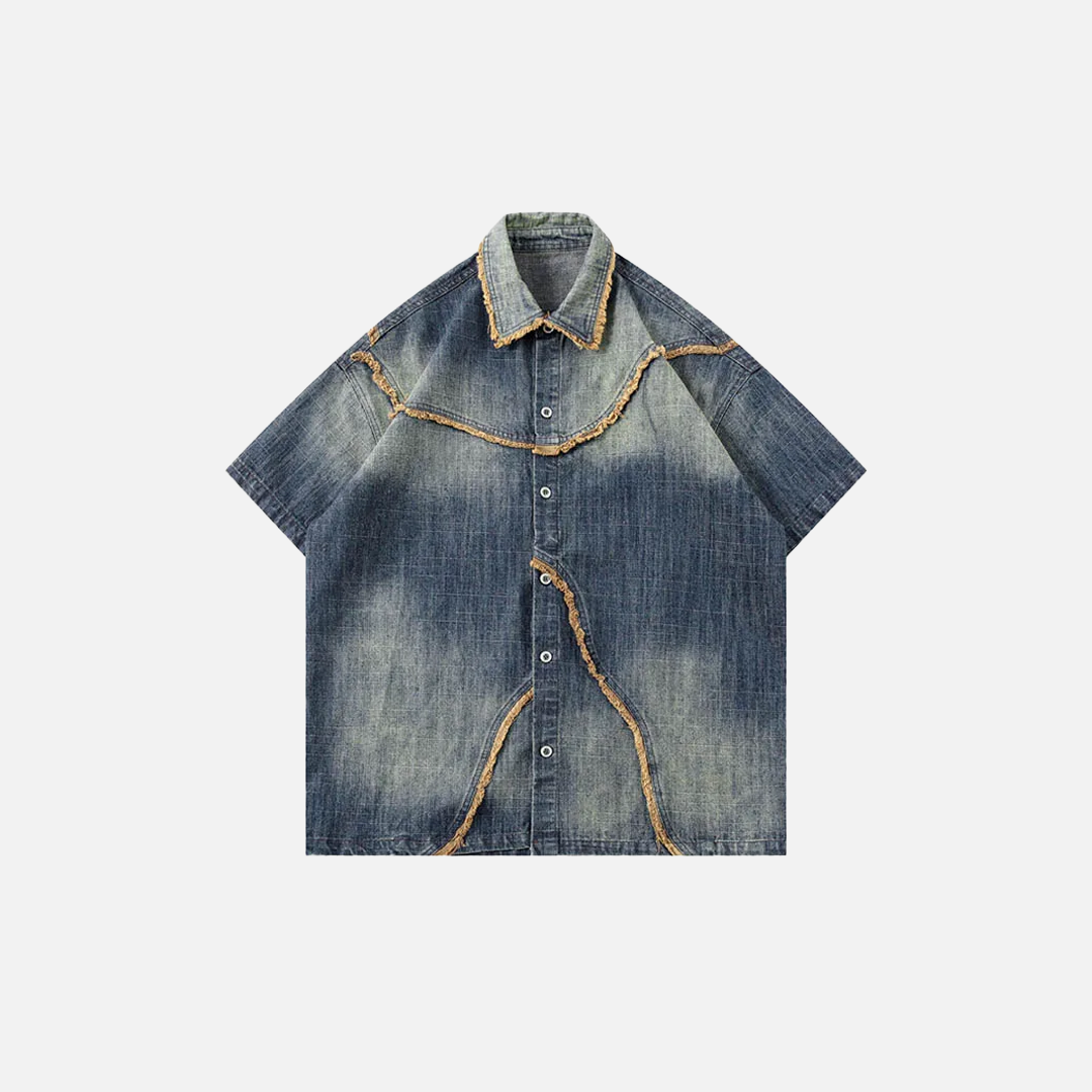 Y2K Washed Patchwork Denim Short Sleeve Shirt - Luxuryurbanwear