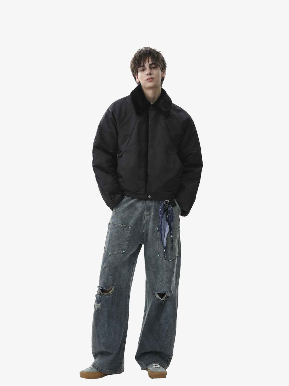Deconstructed Patchwork Fur Collar Bomber Jacket