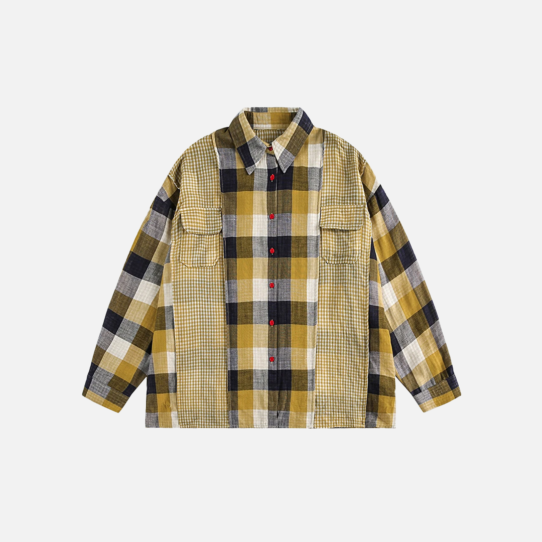 Effortless Retro Patchwork Plaid Long Sleeve Shirt - Luxuryurbanwear