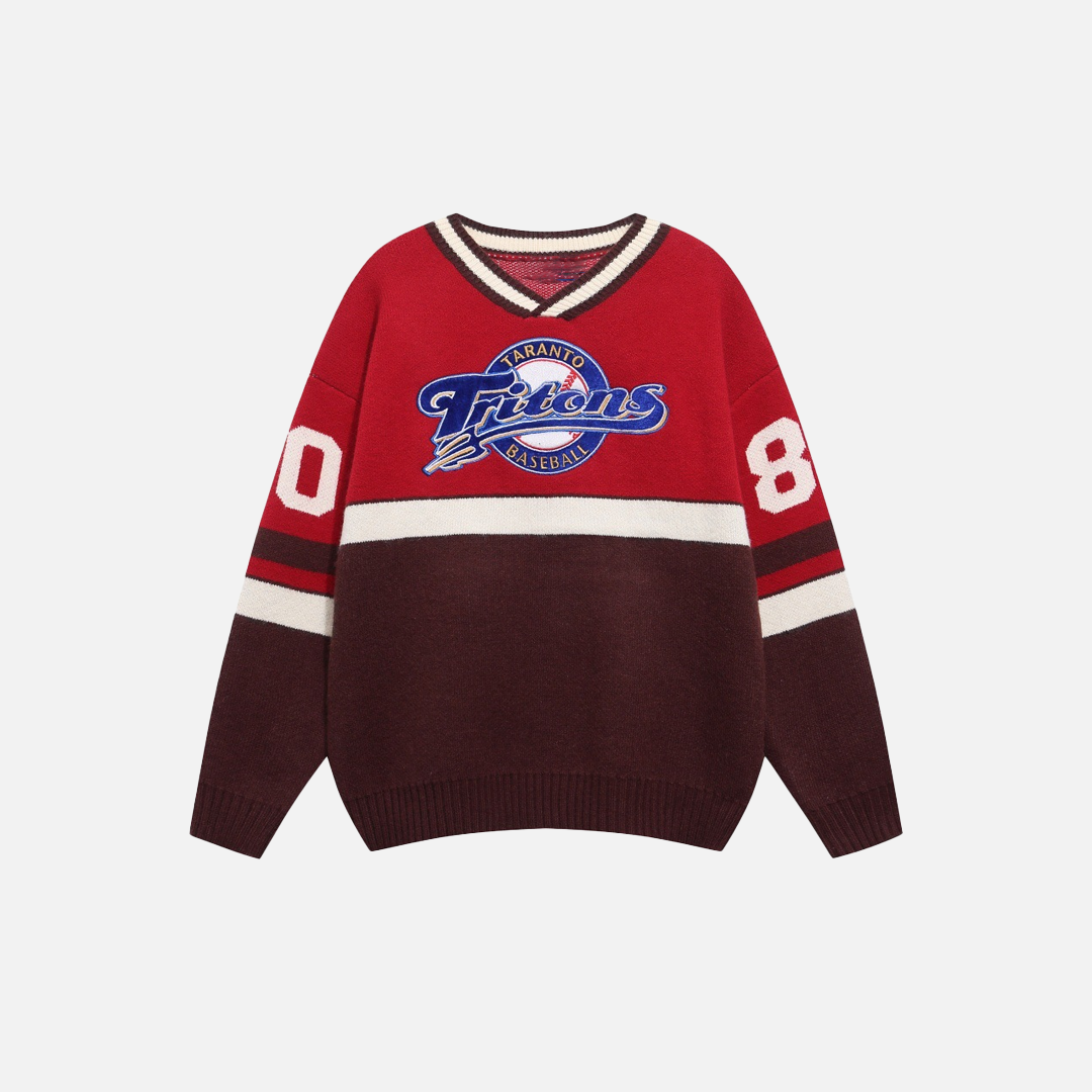 Y2K Contrast Color Stitching V Neck Racing Sweater - Luxuryurbanwear