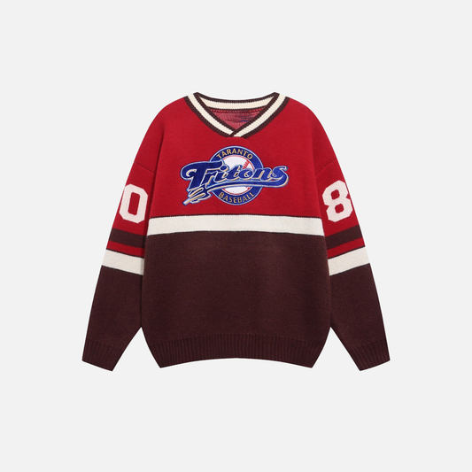 Y2K Contrast Color Stitching V Neck Racing Sweater - Luxuryurbanwear