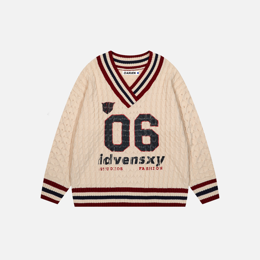 Classic Retro Cozy Oversized Knit V-Neck Sweater - Luxuryurbanwear