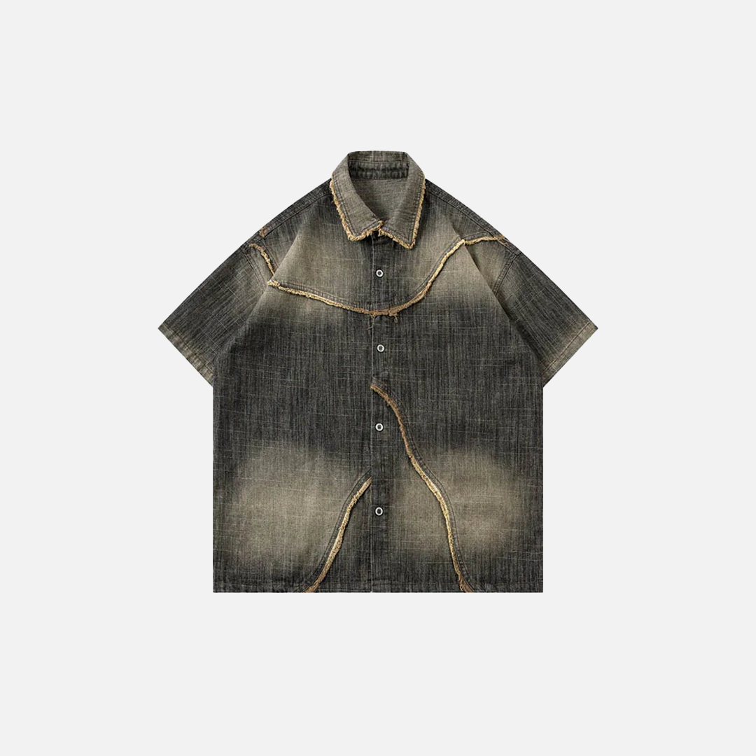 Y2K Washed Patchwork Denim Short Sleeve Shirt - Luxuryurbanwear