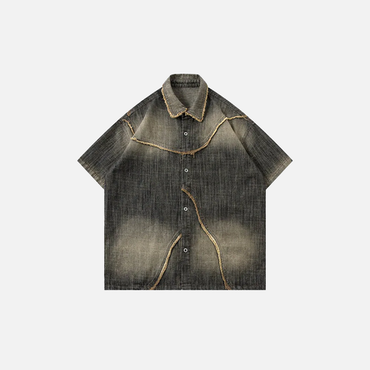Y2K Washed Patchwork Denim Short Sleeve Shirt - Luxuryurbanwear