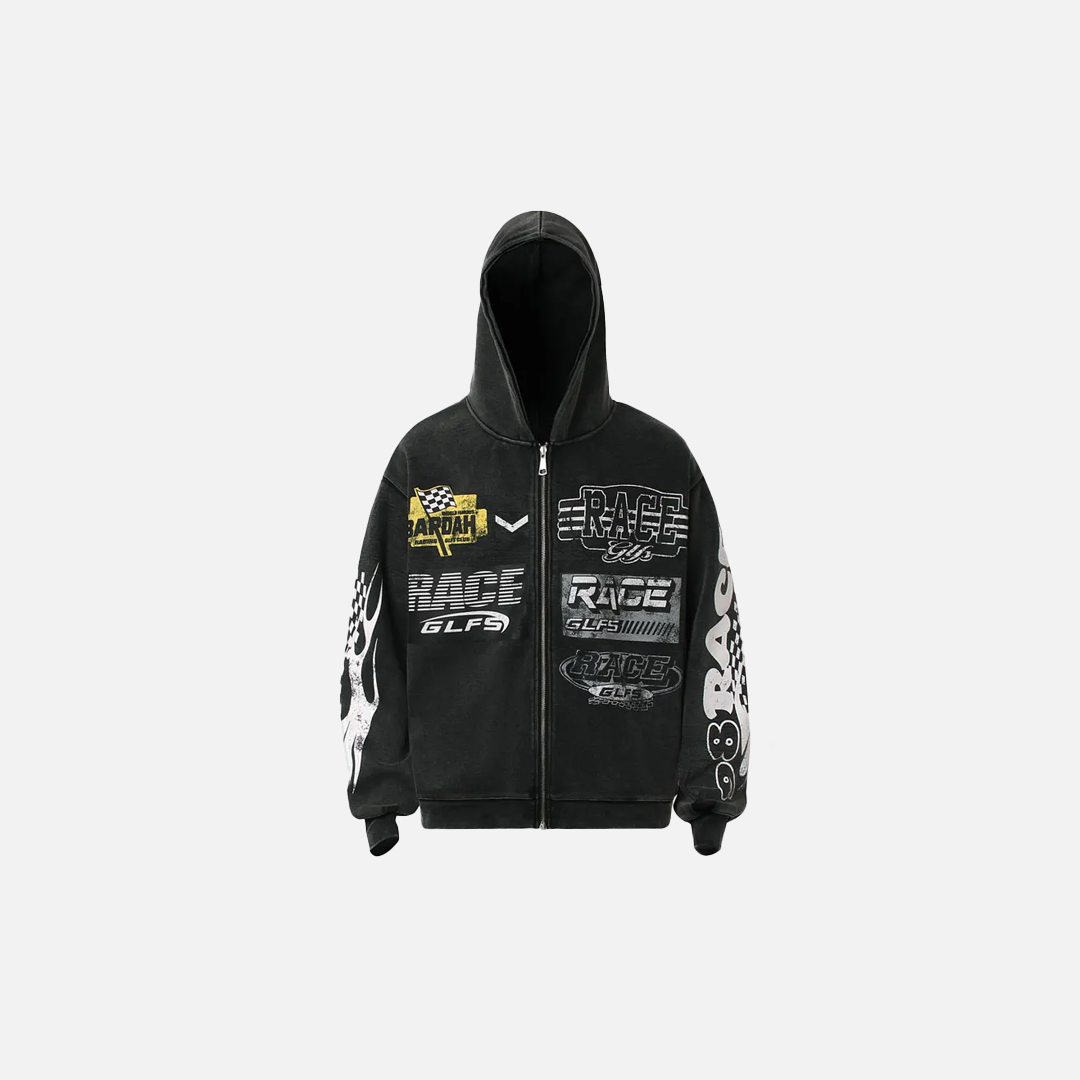 Streetwear Distressed Zip-Up Hooded Race Sweatshirt - Luxuryurbanwear