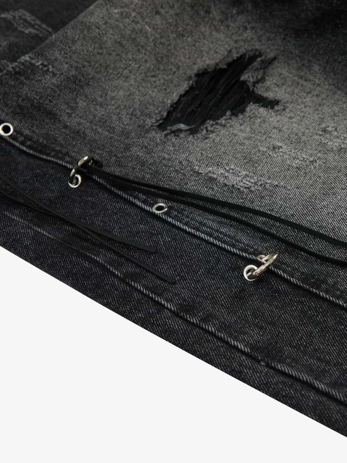 Vintage Washed Distressed Metal Ring Baggy Jeans - Luxuryurbanwear