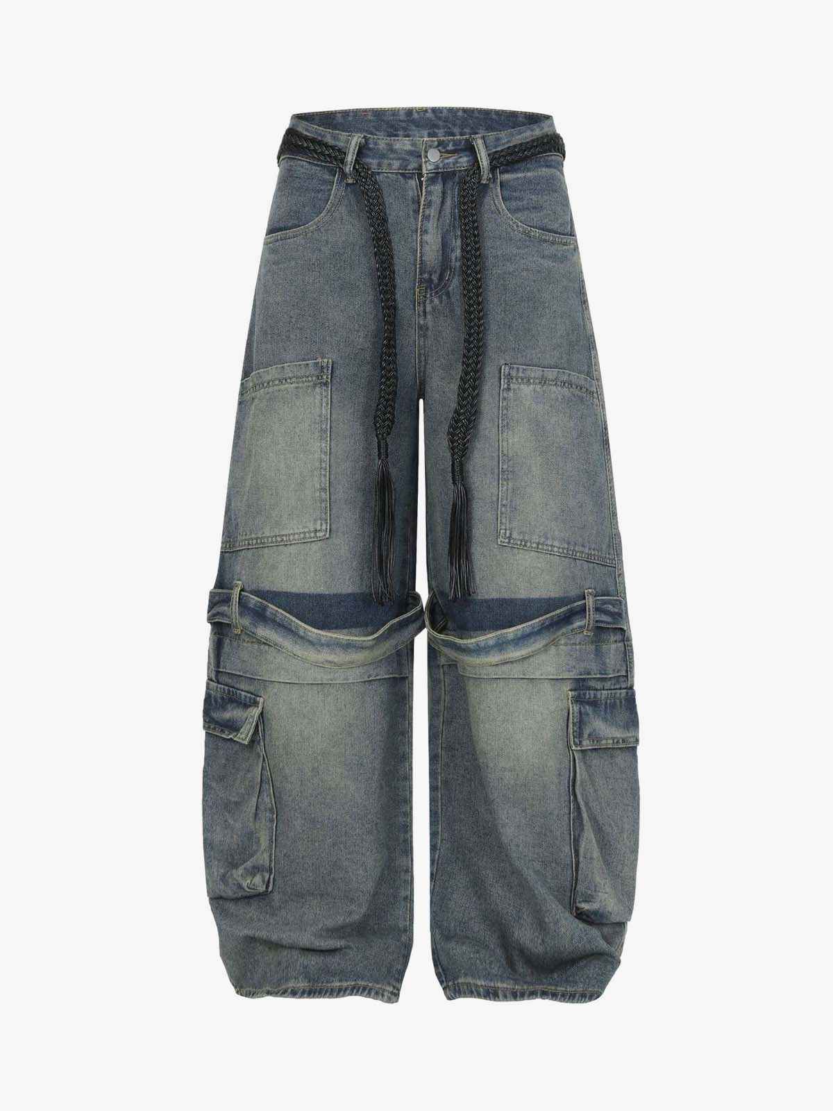 Braided Drawstring Waist Patchwork Cargo Jeans