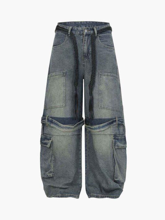 Braided Drawstring Waist Patchwork Cargo Jeans