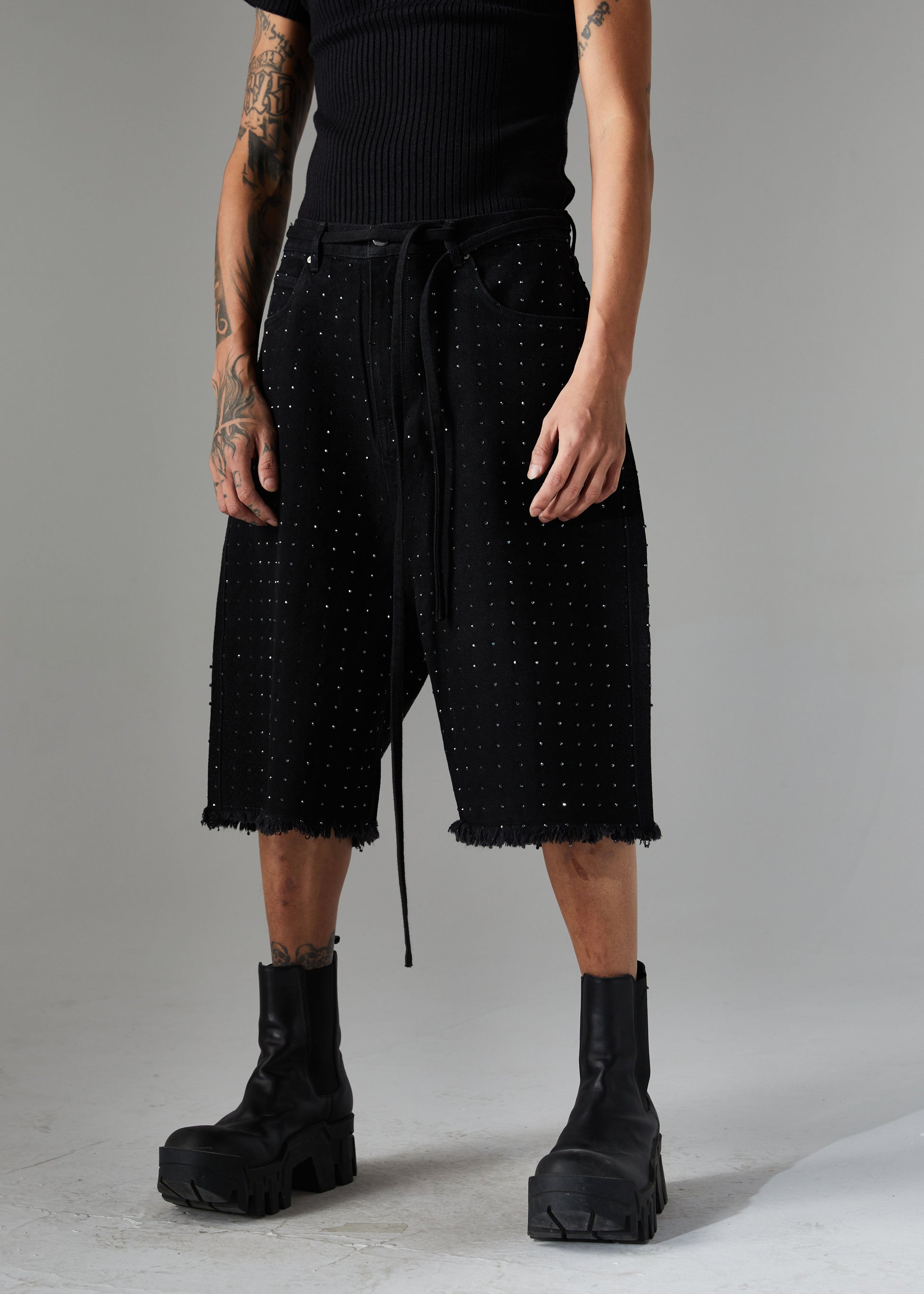 Rhinestone Frayed | Denim Shorts - Luxuryurbanwear