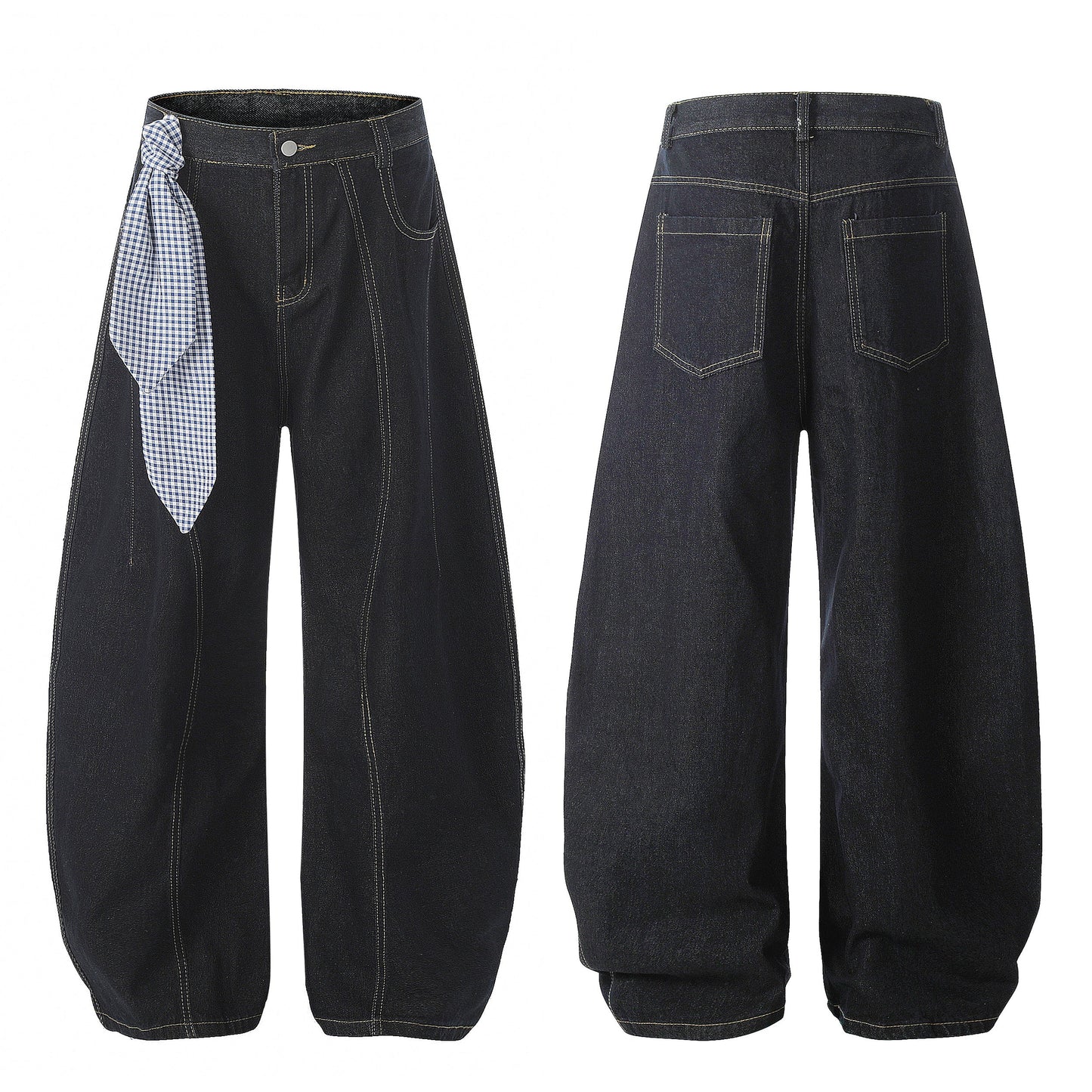 Gingham Tie Barrel Baggy Jeans - Sculptural Gingham Detail Denim | LuxuryUrbanwear - Luxuryurbanwear