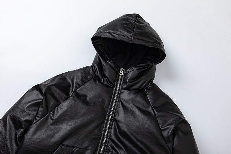 Leather Hooded | Zip-Up Puffer Jacket - Luxuryurbanwear