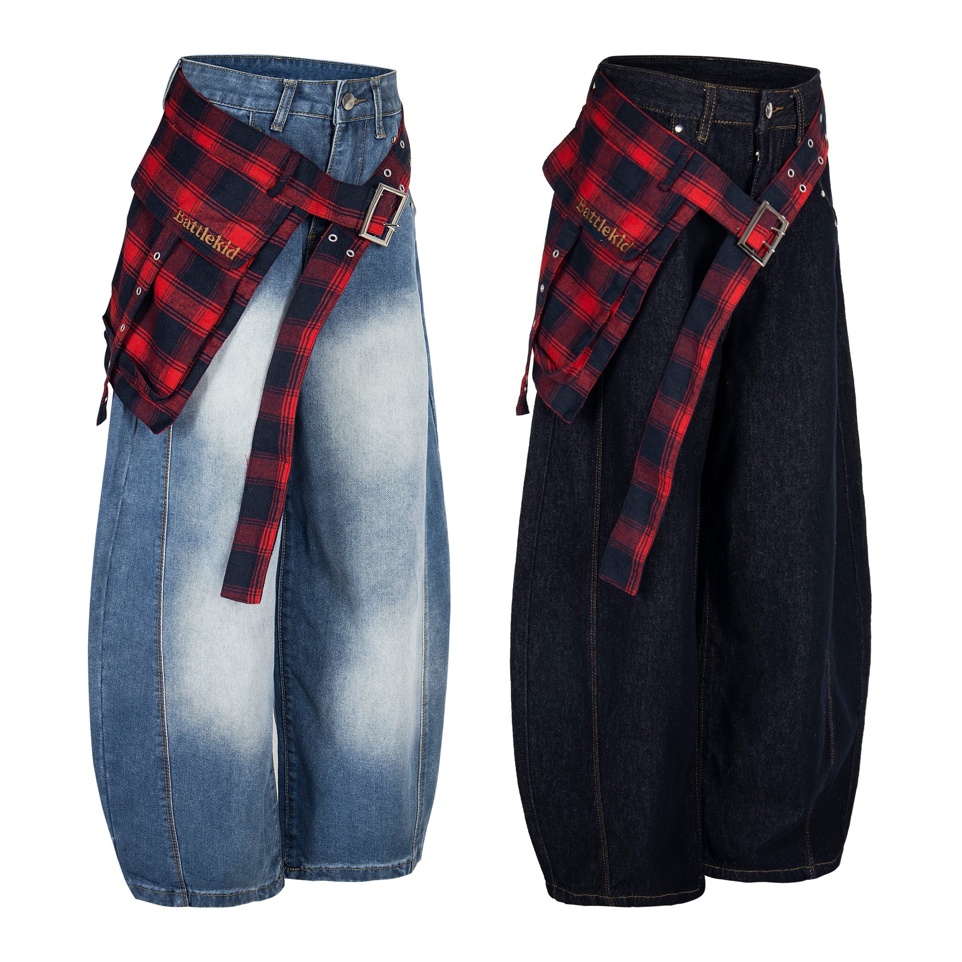 Plaid Reign | Wide-Leg Denim Trousers with Flannel Accent - Luxuryurbanwear