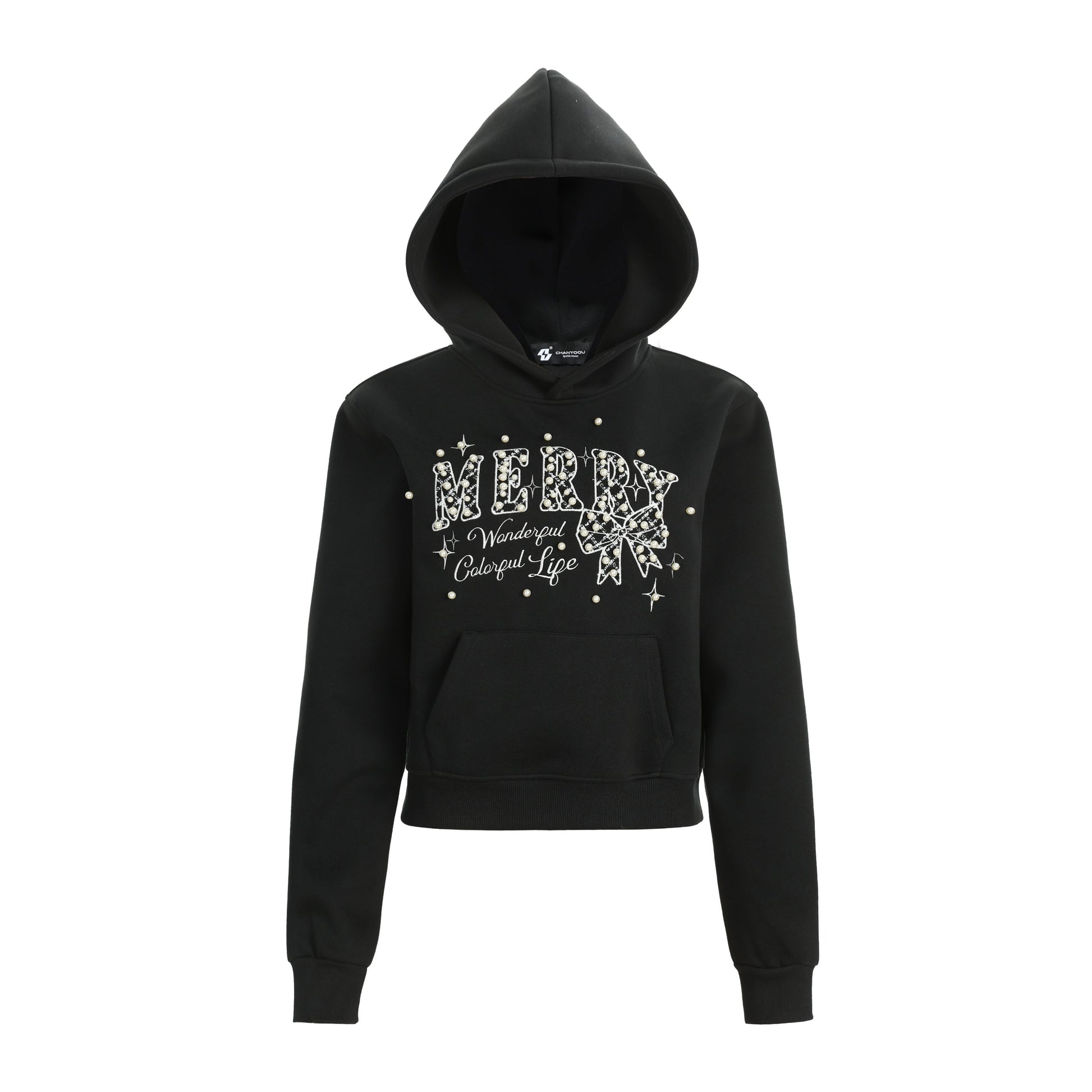 Merry Charm | Cropped Hoodie with Bow Print - Luxuryurbanwear
