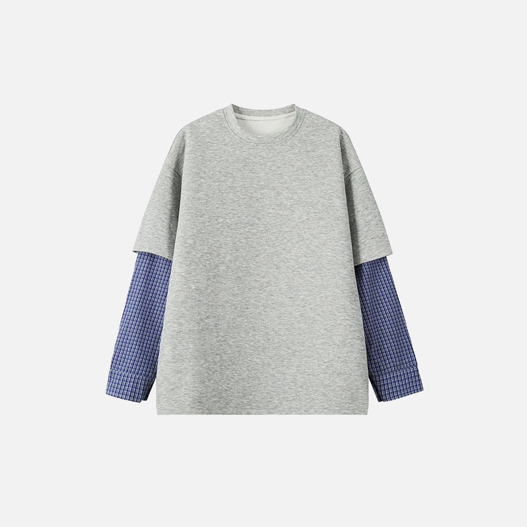 Blue Plaid Fake Two-Piece Long Sleeve T-Shirt - Luxuryurbanwear