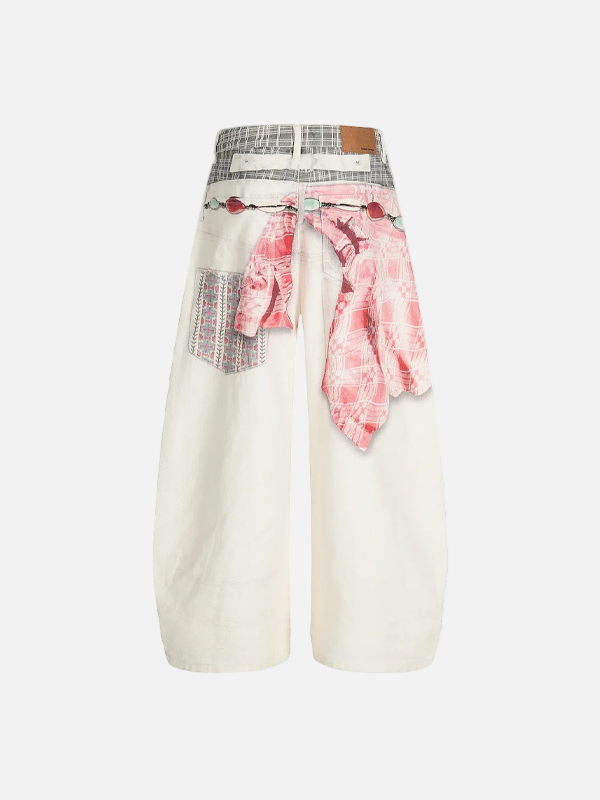 Versatile High Street Wide Leg Jeans - Baggy Denim with Integrated Scarf Detail