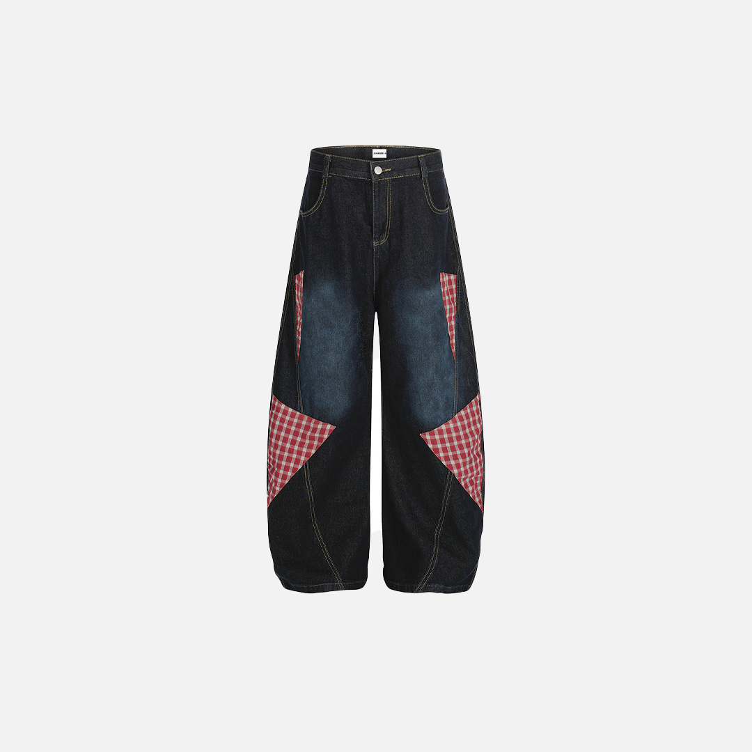 Vibrant Plaid Patchwork Punk Wide Leg Jeans - Luxuryurbanwear