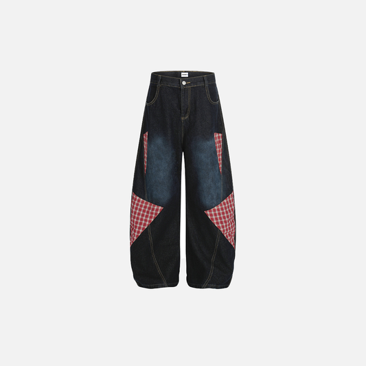Vibrant Plaid Patchwork Punk Wide Leg Jeans - Luxuryurbanwear