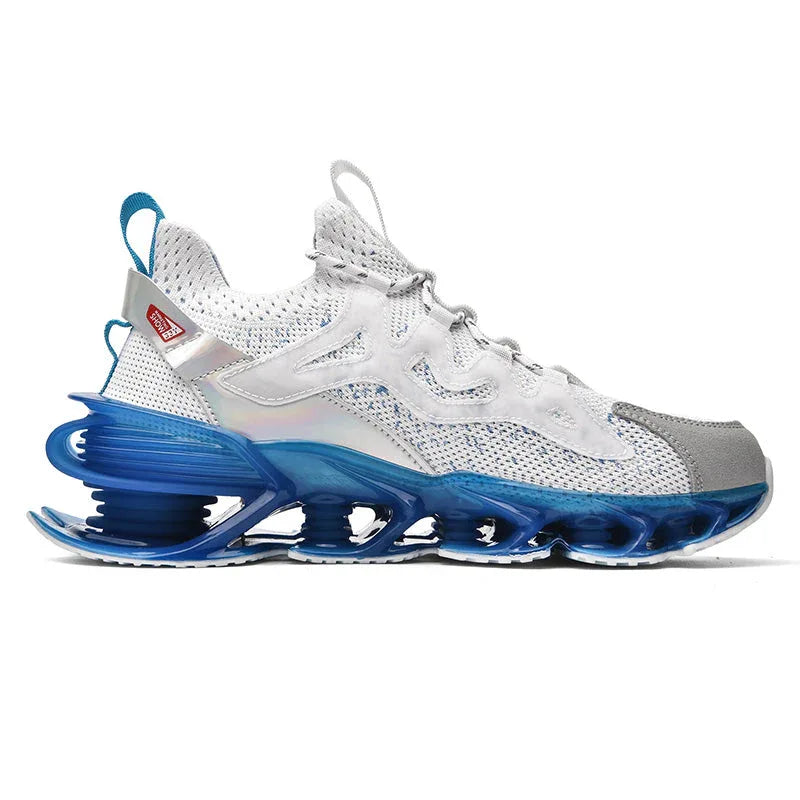 Side profile of Nova Sole T84 Sneakers in white and blue featuring mesh upper and sculpted sole - LUXURYURBANWEAR urban sneakers.