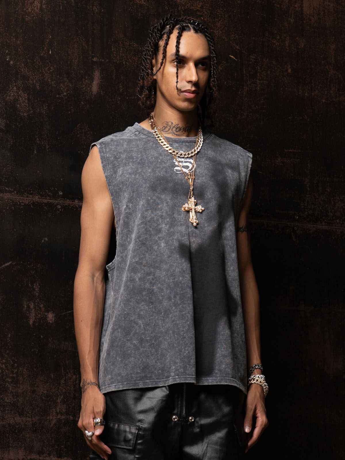 Cross-Print Distressed Washed Vest